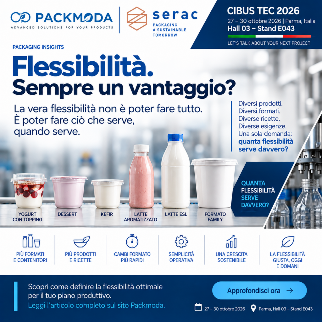 Flessibilità nelle linee di riempimento Food & Dairy - Packmoda e Serac a Cibus Tec 2026, Hall 03 Stand E043
