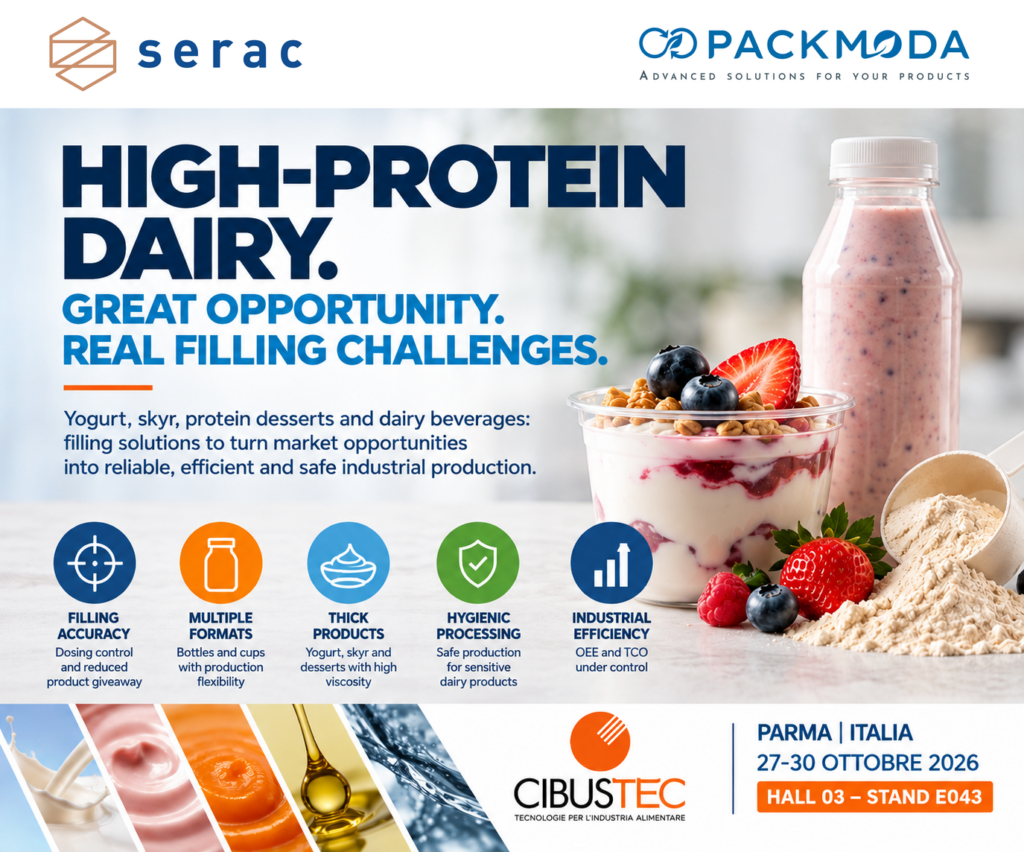 High-protein dairy: riempimento di yogurt, skyr e bevande proteiche – Serac e Packmoda a Cibus Tec 2026