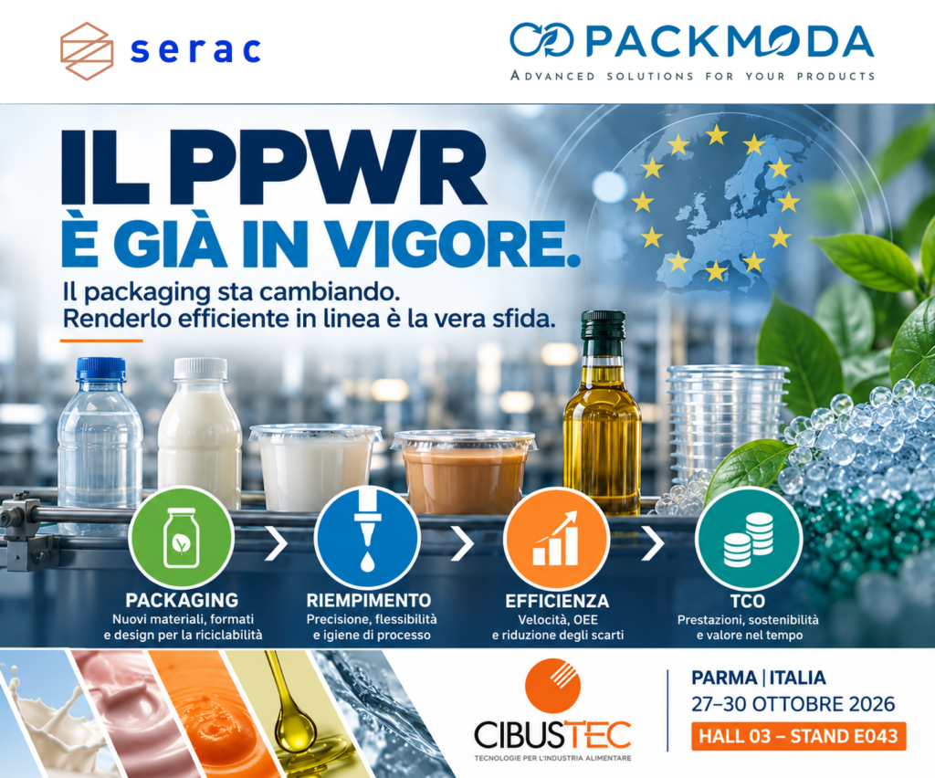 PPWR e packaging alimentare: packaging, riempimento, OEE e TCO – Packmoda e Serac a Cibus Tec 2026